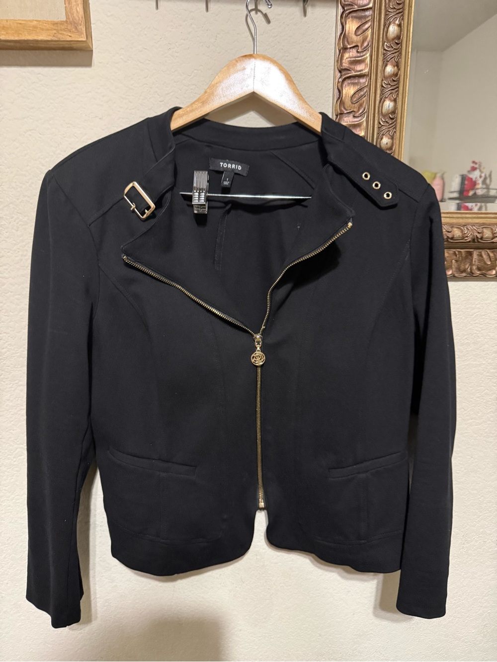 torrid Black Asymmetrical Zip Moto Blazer with Gold Hardware